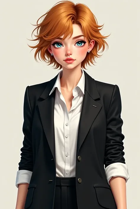 Sarah has short, tousled hair the color of ripe wheat fields under a summer sun. Her eyes are bright blue, like a clear sky on a crisp fall day. Shes petite but carries herself with confidence, dressed in a black blazer over a white button-down shirt, roll...