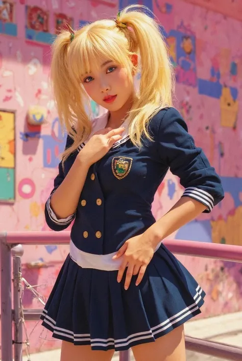 Schoolgirl gyaru blonde with blue eyes and very tanned skin dressed in a dark blue school uniform jacket with long sleeves with a short skirt. Fake tan. Blonde eyebrows. Very large breasts. Hairstyle straight bangs with two ponytails.