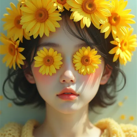 Face of a femboy with yellow flowers covering his eyes like a crown 