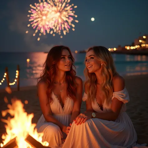 "Create a captivating and realistic New Year’s Eve beach scene at Playa de la Malvarrosa in Valencia, Spain. A warm bonfire glows in the foreground, casting golden light on two women seated on the sandy beach close to the gentle waves. Above them, vibrant ...