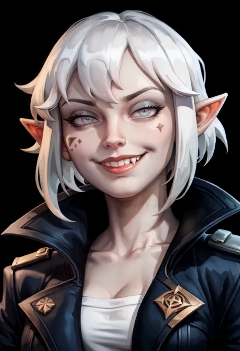 one woman, briar from league of legends, (pale skin, grey skin:1.3), pointy ears, sharp teeth, (pale eyes:1.2), white hair, straight bangs, (upper body:1.3), (black background, clear background:1.5), (black military jacket:1.2), (studio lights, deep shadow...