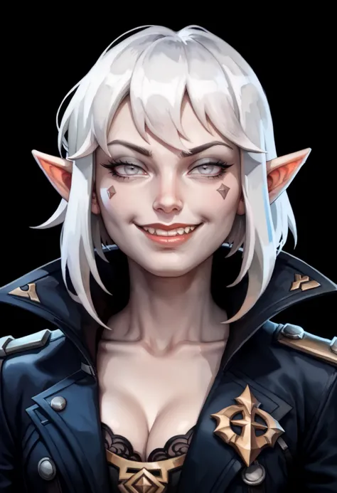 one woman, briar from league of legends, (pale skin, grey skin:1.3), pointy ears, sharp teeth, (pale eyes:1.2), white hair, straight bangs, (upper body:1.3), (black background, clear background:1.5), (black military jacket:1.2), (studio lights, deep shadow...