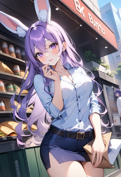 1girl, 8k, high quality, tall, (rabbit girl:1.2), (white rabbit ears:1.3), long hair, purple hair, purple eyes, medium breasts, office lady outfit, (burrito belt buckle:1.4) outdoor background,