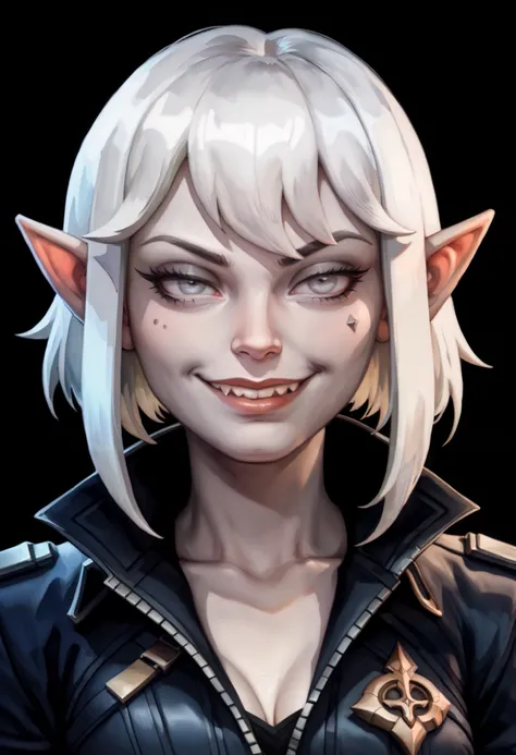 one woman, briar from league of legends, (pale skin, grey skin:1.3), pointy ears, sharp teeth, (pale eyes:1.2), white hair, straight bangs, (upper body:1.3), (black background, clear background:1.5), (black military jacket:1.2), (studio lights, deep shadow...