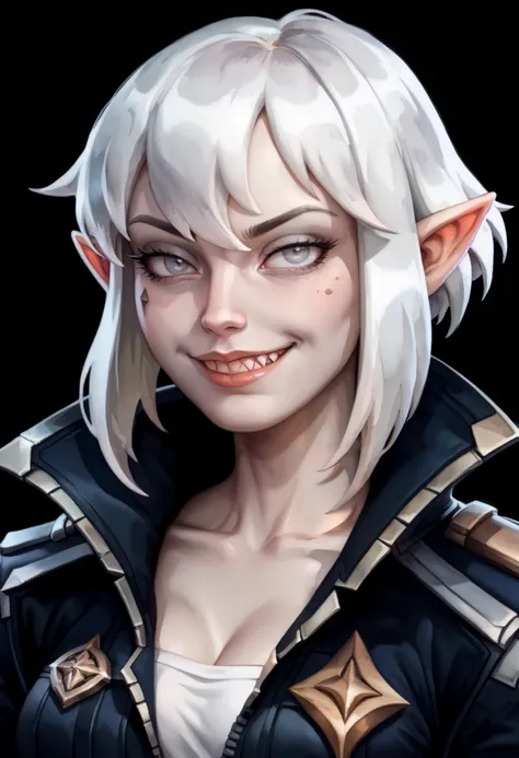 one woman, briar from league of legends, (pale skin, grey skin:1.3), pointy ears, sharp teeth, (pale eyes:1.2), white hair, straight bangs, (upper body:1.3), (black background, clear background:1.5), (black military jacket:1.2), (studio lights, deep shadow...