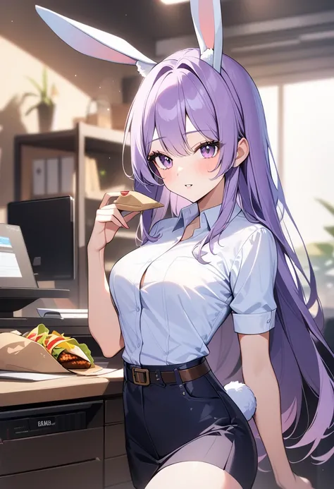 1girl, 8k, high quality, tall, (rabbit girl:1.2), (white rabbit ears:1.3), long hair, purple hair, purple eyes, medium breasts, office lady outfit, (burrito belt buckle:1.3), (burrito belt:1.3),