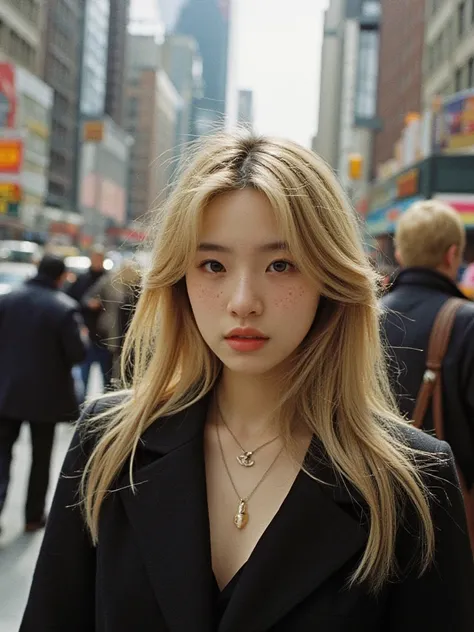 Beautiful girl model, blond hair slightly faded black roots,with freckles,Walking on the streets of New York *without looking back *