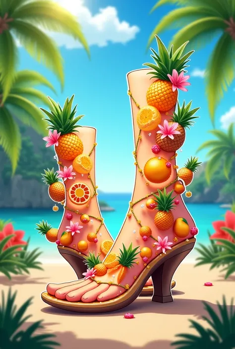 anime-type sandals, tropical, Made of water with tropical fruits and accessories 