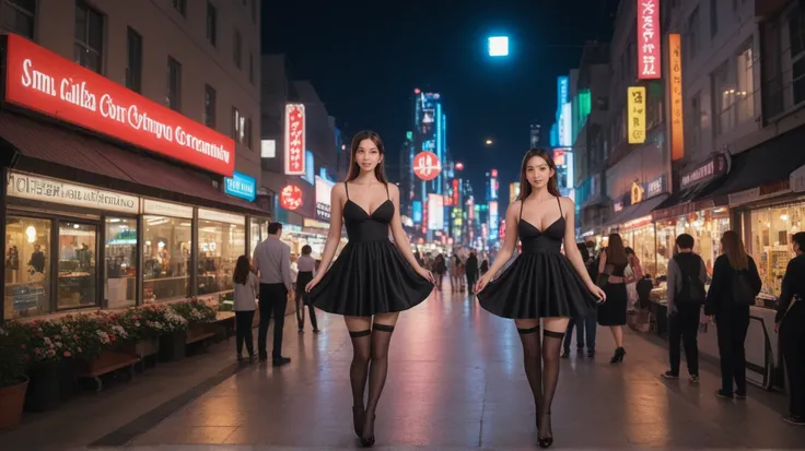 A stunning Japanese young girl with abnormally large breasts walks gracefully through the neon-lit streets of night-time Tokyo, her figure accentuated by a sleek, form-fitting black dress and sheer stockings. The glow of vibrant billboards and flickering l...