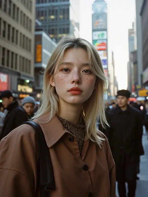 Beautiful girl model, blond hair slightly faded black roots,with freckles,Walking on the streets of New York *without looking back *