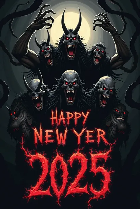 Generate a happiest new year 2025 banner with a, gore, dark and devilish anubis theme.