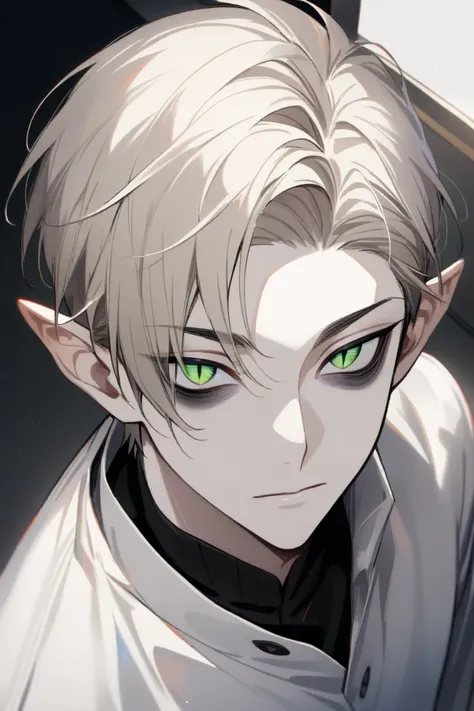 1boy,solo, mature, male focus,bishounen, tall,{forehead, curtained hair, arched bangs, (very short hair cut) , platinum blonde hair} , slit pupils, green eyes, bags under eyes, pale skin, pointy ears, from aboveview , portrait, standing, aesthetic, best qu...