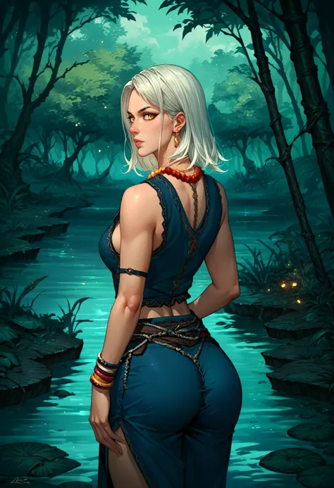 score_9, score_8_up, score_7_up, source_anime, KeiraMetzSDXL,1girl, swamp, sleeveless, breasts, outdoors, yellow eyes, jewelry, white hair, earrings, necklace, bracelet, cowboy shot, from behind, looking back, ass