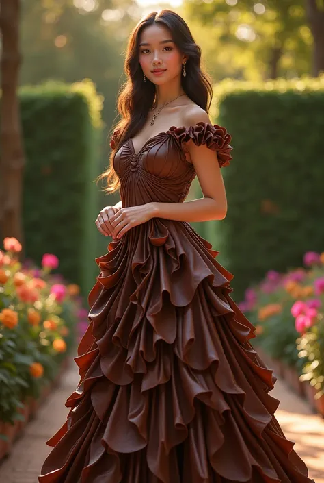 Young woman with a dress made of chocolate