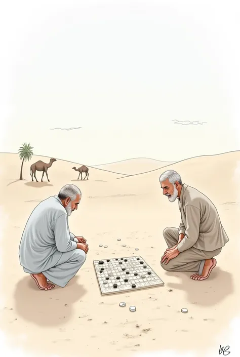 A realistic and simple drawing of a traditional game called "خربقة be". Two old men appear playing the game on a clean ground of dirt, where the board is drawn on the ground in gray, and the stones used are in black and white.
The background shows a scene ...