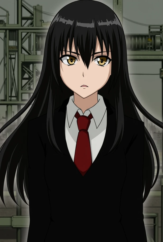  The image shows a girl with long black hair and expressive blond eyes.  She is dressed in black with a white collar and a red tie .  Her posture is confident , and the look is strict and decisive .  The background shows industrial elements ,  that create ...