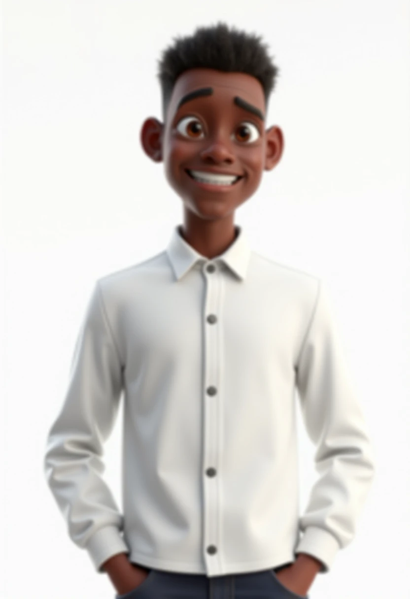 create a pixar-inspired 3D poster, a twenty year old Angolan youth,  fair skin ,  very short hair, Wearing a white three-button shirt, posing for a portrait. He stands in front of a white background, that emphasizes your attire and appearance. The man appe...