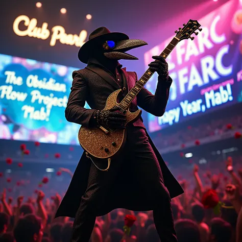 Stadium Blues Rock concert. The band "The Obsidian Flow Project" rocks the stage. The focus on their lead singer and guitarist, Obsidian Crow, a muscular humanoid crow donned in an ornate black and gold shining suit made if diamonds, a black fedora pulled ...