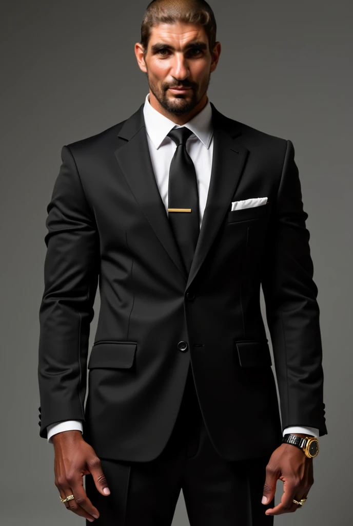 Create a picture for me in which you put the face of what is in this picture on the body of a man wearing a black suit with a black tie, a white shirt, a gold men’s watch, a black belt, black leather shoes, wearing silver rings, and his hands are strong, l...