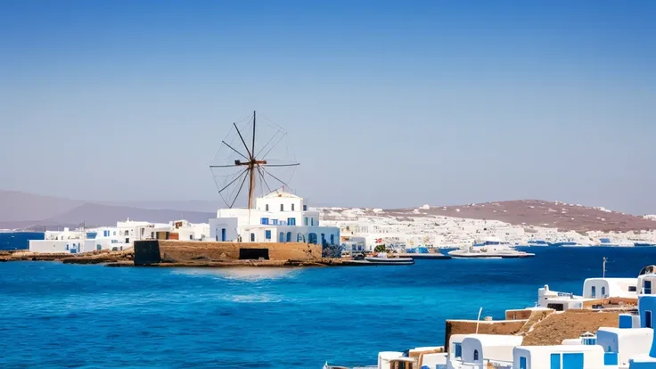 A stunning taken from a yacht sailing into beautiful mykonos with a view of the shore including the windmills.