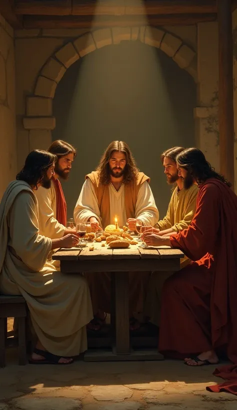 A simple room， There is a worn wooden table ， Jesus is sitting with a group of people ， sharing bread and wine 。 Soft candlelight illuminates the whole scene， creating a warm and intimate atmosphere 。Warm tones，Mainly brown and yellow 。