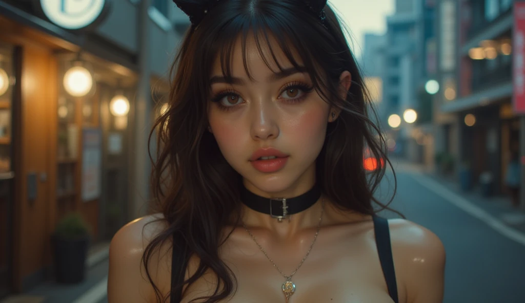 realistic, huge breasts((( breasts totally covered by the dress 1.9))) big breasts seen in deep cleavage, The image depicts a very young girl in a tight  dress walking in Tokio . She is wearing black stockings with straps suspenders . . Her expression is h...