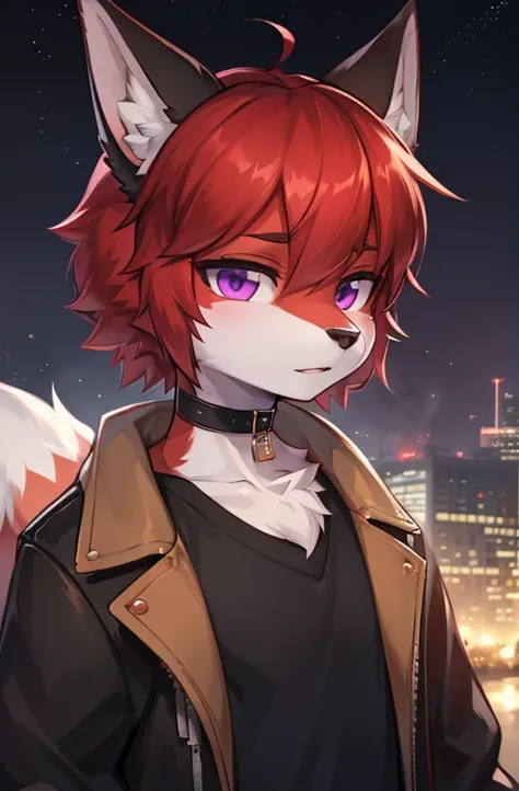 (Artist by zackary911, 8k, high quality, detailed eyes and fur, night, residents background), solo, male fox, anthro, red satured fur, red body, male body, purple eyes, black ears, red hair, short hair, hair cover eye, hands white, choker, eyeliner black, ...