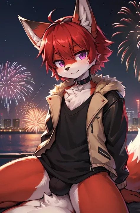 (Artist by zackary911, 8k, high quality, detailed eyes and fur, night, residents background), solo, male fox, anthro, red satured fur, red body, male body, purple eyes, black ears, red hair, short hair, hair cover eye, hands white, choker, eyeliner black, ...