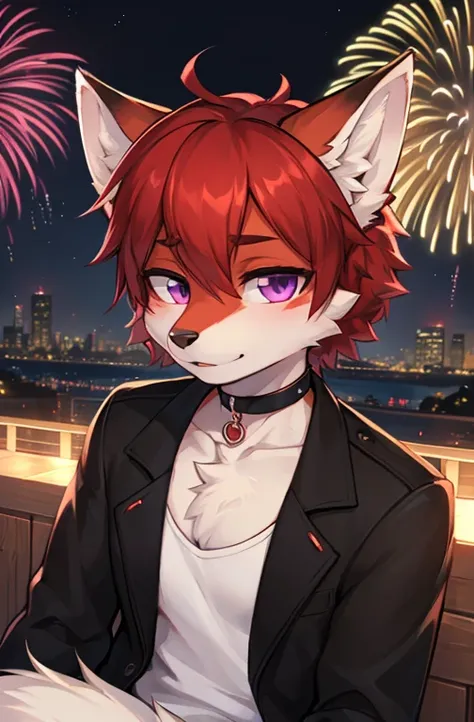 (Artist by zackary911, 8k, high quality, detailed eyes and fur, night, residents background), solo, male fox, anthro, red satured fur, red body, male body, purple eyes, black ears, red hair, short hair, hair cover eye, hands white, choker, eyeliner black, ...