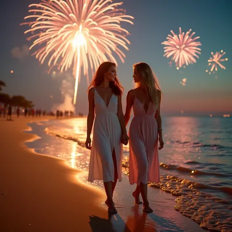 Create an enchanting New Year’s Eve beach scene at Playa de la Malvarrosa in Valencia, Spain. Auri Martinez and her girlfriend are walking barefoot along the shoreline, side by side, while colorful fireworks burst in the sky above them. The golden sand glo...