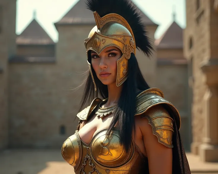 a beautiful golden-greek-armored warrioress, jet-black hair, spartan helmet, muscular, huge and heavy breasts, looking at viewer, modelshot pose, masterpiece, best quality, 8k, blurred background, medieval fantasy castle in the background