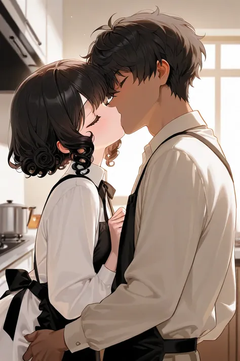 Beautiful alabaster white dazzling skin woman with chestnut bob hairstyle kissing brown male with dark black curly hair on kitchen 