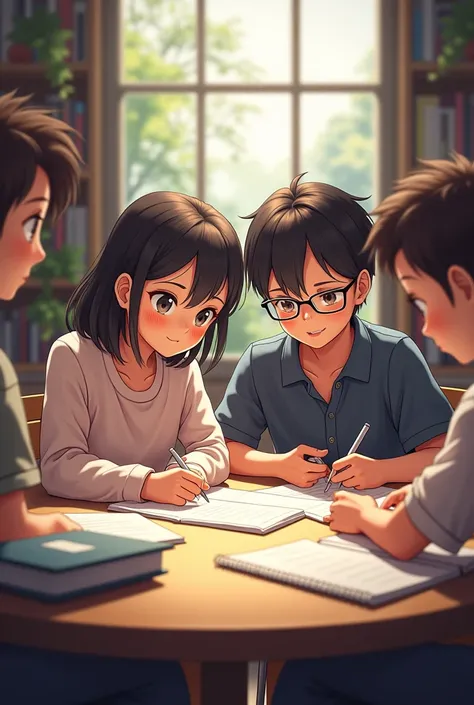 same age teenage  2 girls and two boys study twins girls , gray eyes boy and boy with glasses, study together