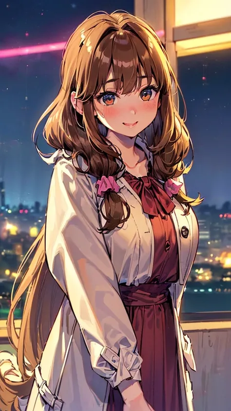 (((sloppily drooping gigantic braests:1.2)))、((tight waist))、(Woman close up)、((Depiction of the upper body))、((20-year-old  female))、((Smile))、((Hair tied back、Scrunchie、Brown Hair))、((Blushing))、((Open your mouth a little、High resolution、32K))、((Cute Duf...