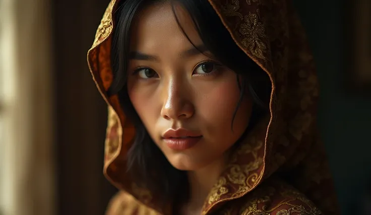 1 malay woman, beautiful detailed eyes, beautiful detailed lips, extremely detailed face, hooded robe, intricate detailed clothing, soft lighting, warm color palette, cinematic lighting, dramatic lighting, photorealistic, 8k, high quality, masterpiece, (be...