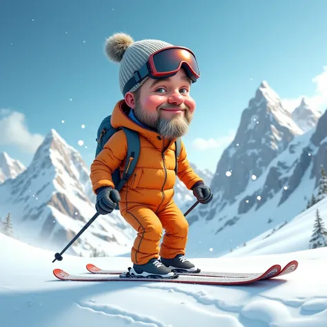 create a hyperrealistic caricature cartoon of a 40 year old little man dressed like a skier on a snowy mountain