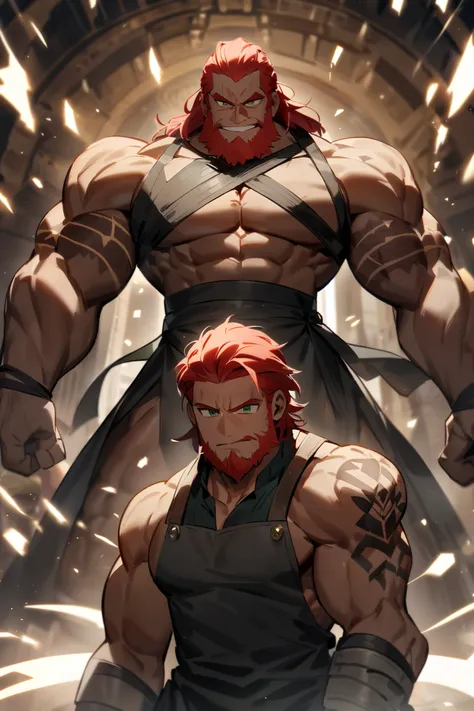  A medium-sized being his muscular body is a contrast to his short stature. His tanned skin is covered with scars ,  witnesses a life full of battles and work in the forge .  He wears a frayed leather apron that covers a sleeveless shirt ,  revealing his s...