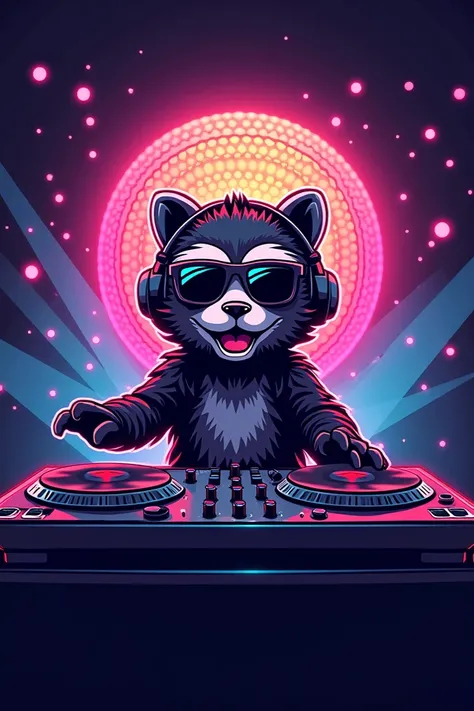 A logo with An animal with headphones and sunglasses behind a DJ table with disco lights in the background