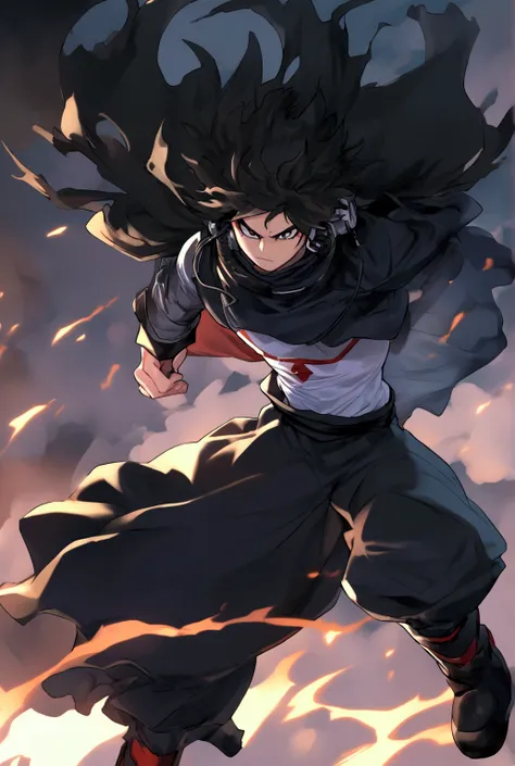 My hero academia, thin boy with black shaggy long hair, thick eyeliner, black baggy clothes, headphones