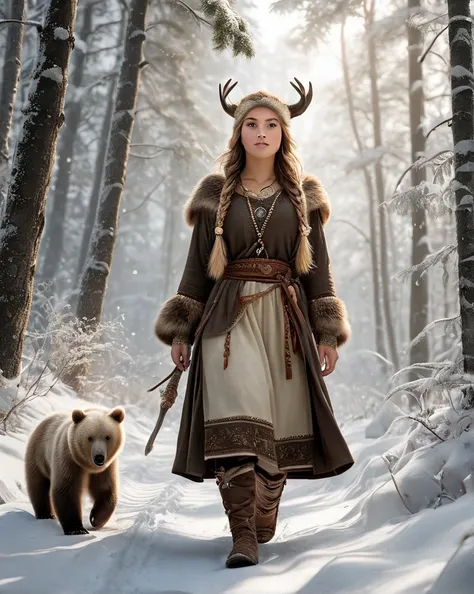  Real images of a bear following a  Viking girl in the forest. A is wearing a traditional Viking costume .  perfect details , gently falling snowflakes.