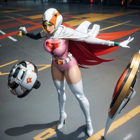 ANI_CLASSIC_jun_gatchaman_ownwaifu,1girl, ,good anatomy, masterpiece, best quality,realistic, hyperrealistic, 16k hdr, long hair,breasts,green eyes,lips,large breasts,lipstick,makeup,gloves,cape,helmet,belt,elbow gloves,white gloves,mask,white tight overkn...