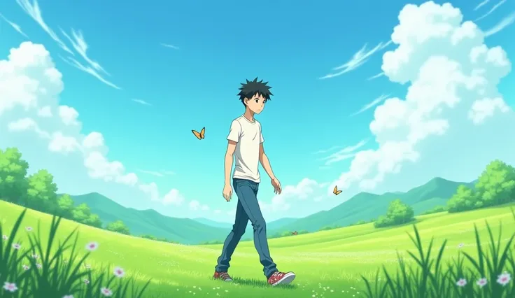 create a video of a young man walking in a field drawing cartoon anime style 5 seconds