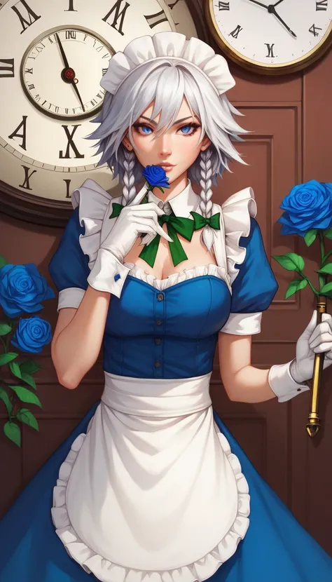 1girl, solo, flower, blue rose, rose, blue flower, izayoi sakuya, white hair, sword, blue eyes, short hair, gloves, apron, braid, maid, twin braids, maid headdress, clock, pocket watch, looking at viewer,