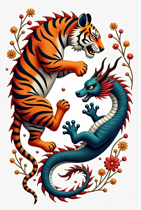 Create an embroidery design matrix of a majestic tiger facing an intricately detailed dragon. The composition should highlight both creatures in dynamic poses, showcasing the tigers fierce expression and the dragons elegance. Incorporate elements that enha...