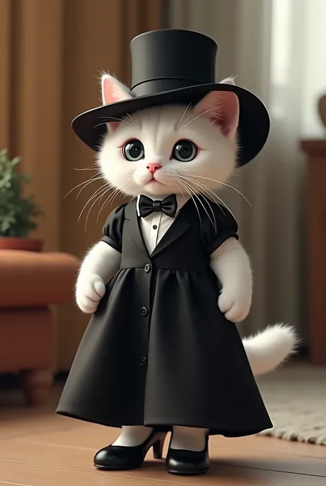 Realistic white kitten dressed in a long black dress and black heels and on her head a large black hat placed on the side of her head , home