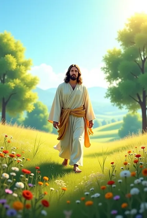  Jesus Christ walking peacefully through a vast field,  surrounded by many green trees and colorful flowers . The setting is tranquil and natural ,  with soft sunlight filtering through the trees .  Jesus is dressed in simple, traditional clothing ,  with ...