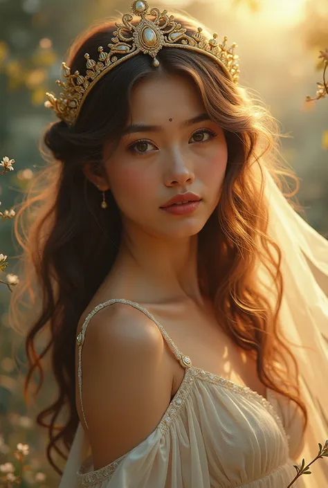 A 25 year old woman,  at the beginning of the 20th century, very beautiful and passionate wearing a crown, character, portrait goddes