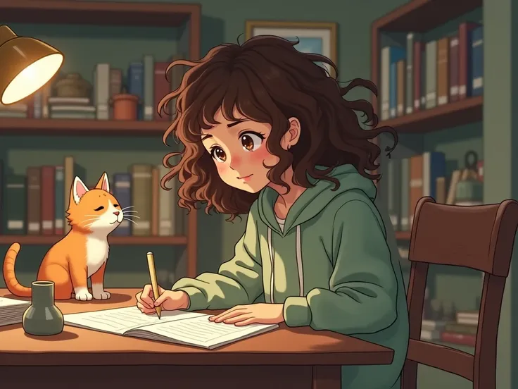 room, curly haired girl in green hoodie sitting at desk working on a thesis seen from distant above looking tired cute cat anime 