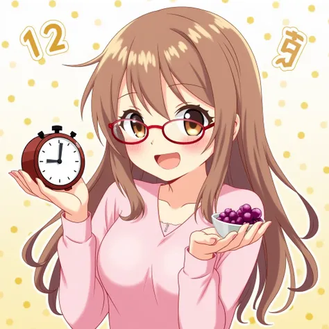  A girl with long brown hair wearing red glasses,  smiling, with pink cute clothes,  on a gold and white background with a clock pointing twelve, also with a bowl of grapes on one of her hands,  in anime style.