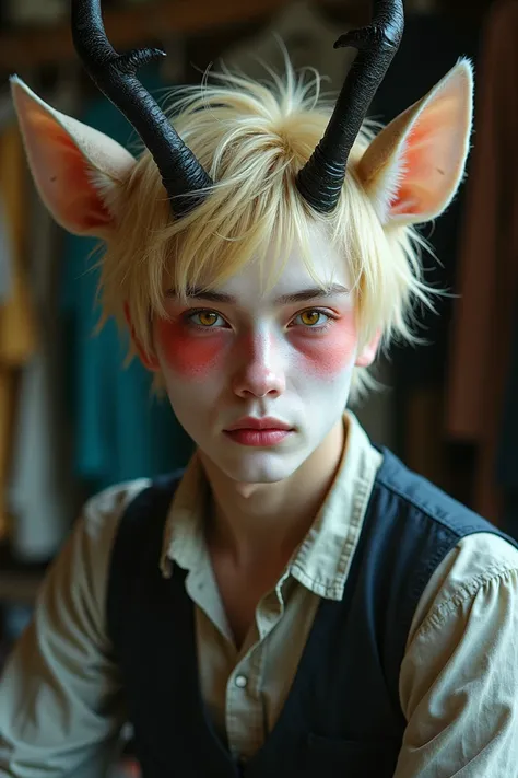 Young man with blond hair ,  deer ears and black antlers , costume tailor cherry ,  white face with red cheeks and yellow eyes 